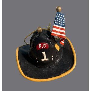 Firefighter Helmet Ornament With American Flag FD 1 Design Black & Yellow Resin